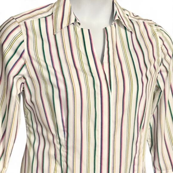 Taylor Gold Label Button Up Shirt Size 10 V Neck Top Colorful Striped 3/4 Sleeve - Picture 5 of 13